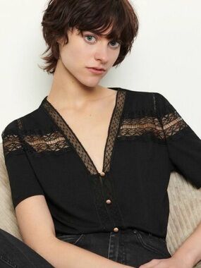 Sandro "Odel" Lace Tee in Black, French Sz 1
